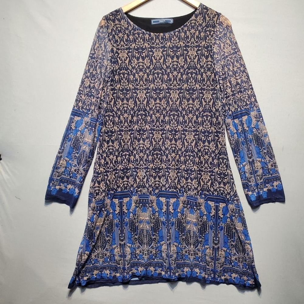Highness Damask Boho Shift Dress Womens M Blue Floral Chiffon Stretch Tunic Top